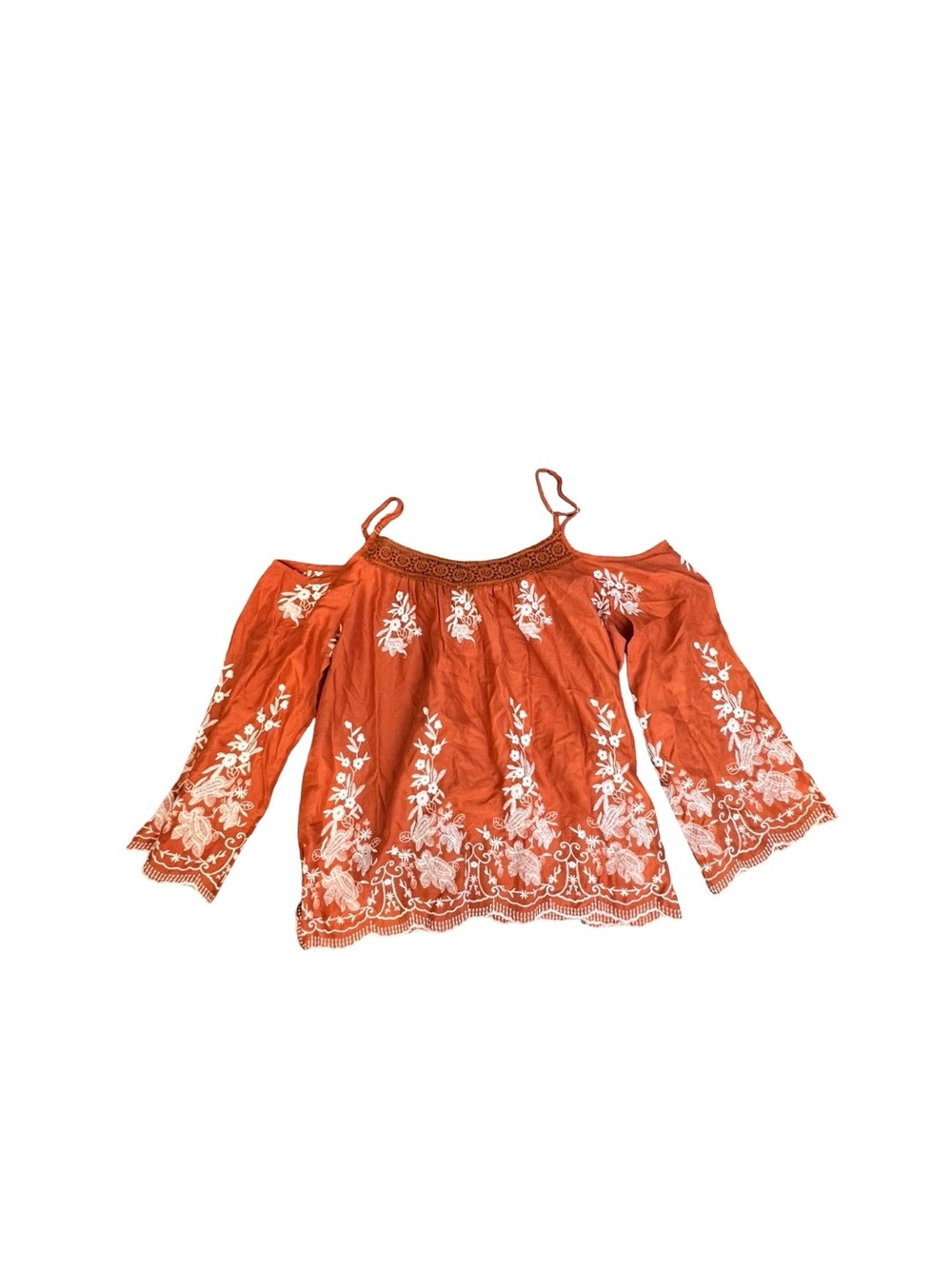 Rust Orange Embroidered Cold Shoulder Boho Top Size Large Bell Sleeve Floral - Picture 2 of 3